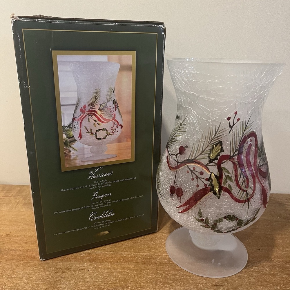 Home Essentials Christmas Crackle Glass Hurricane Candle Holder 10.5" Holly Bow